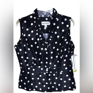 NWT Danny & Nicole navy/white polka dot fitted ruffle top blouse size 14P